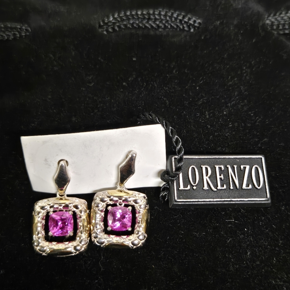 Lorenzo Gold and Silver Earrings with Square Design and Pink Gemstones